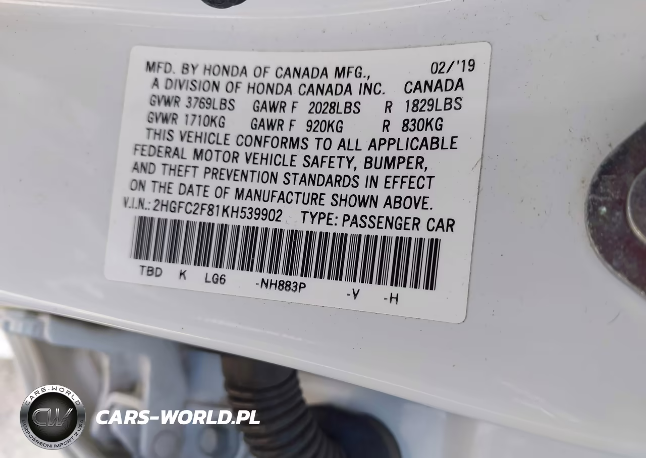 2019 Honda Civic Sport VIN:2HGFC2F81KH539902 - 9