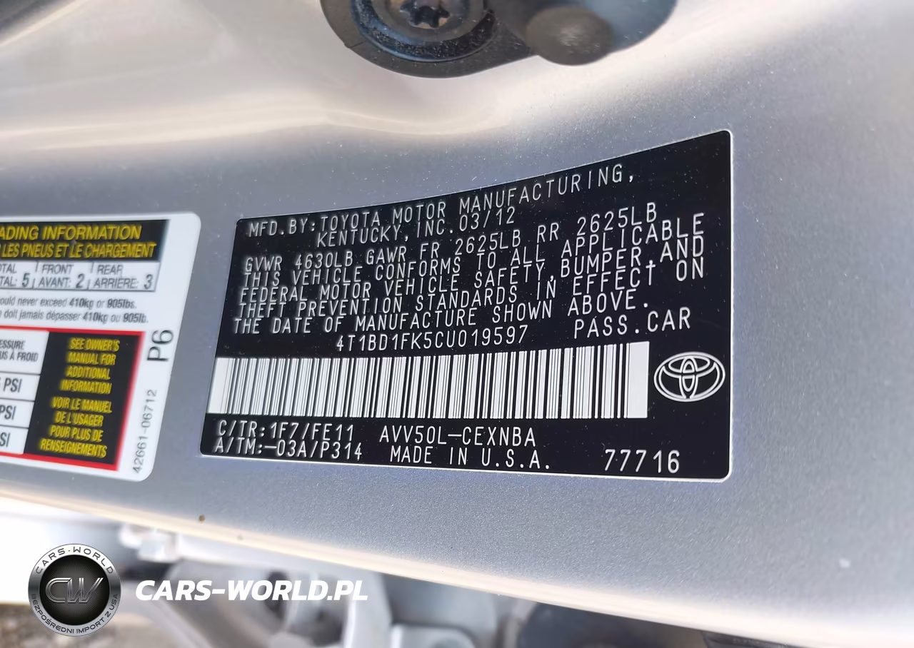 2012 Toyota Camry Hybrid Le VIN:4T1BD1FK5CU019597 - 9
