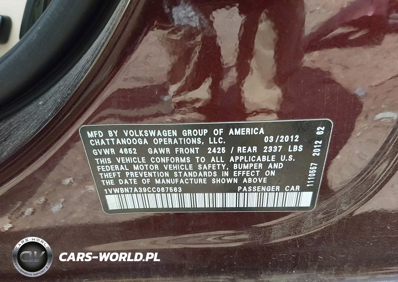 2012 Volkswagen Passat 2.0L Tdi Se VIN:1VWBN7A39CC067563 - 9
