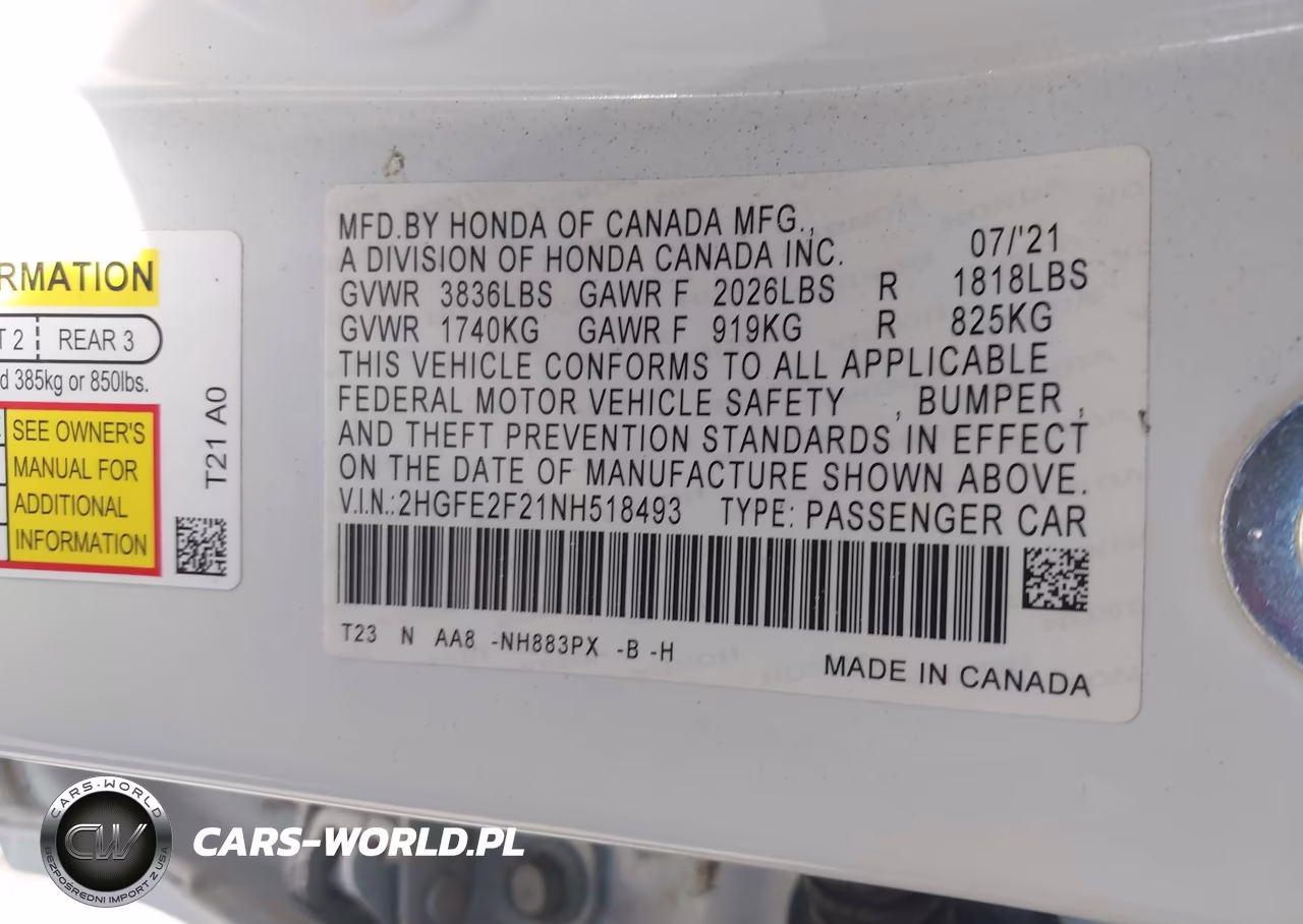 2022 Honda Civic Lx VIN:2HGFE2F21NH518493 - 9