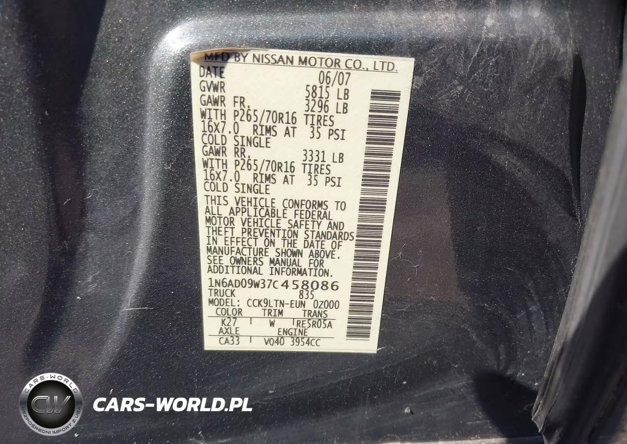 2007 Nissan Frontier Se VIN:1N6AD09W37C458086 - 9