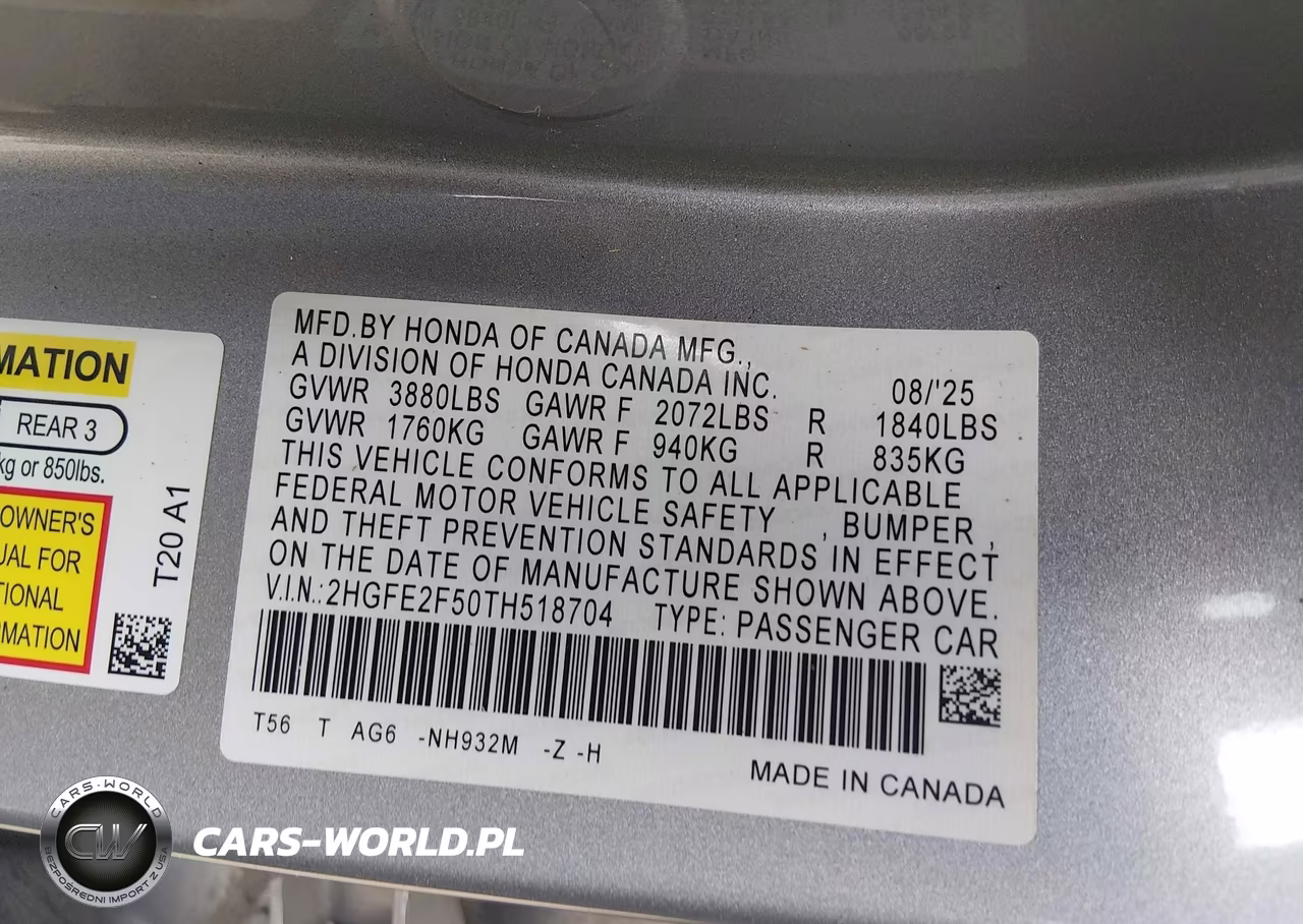 2026 Honda Civic Sport VIN:2HGFE2F50TH518704 - 9