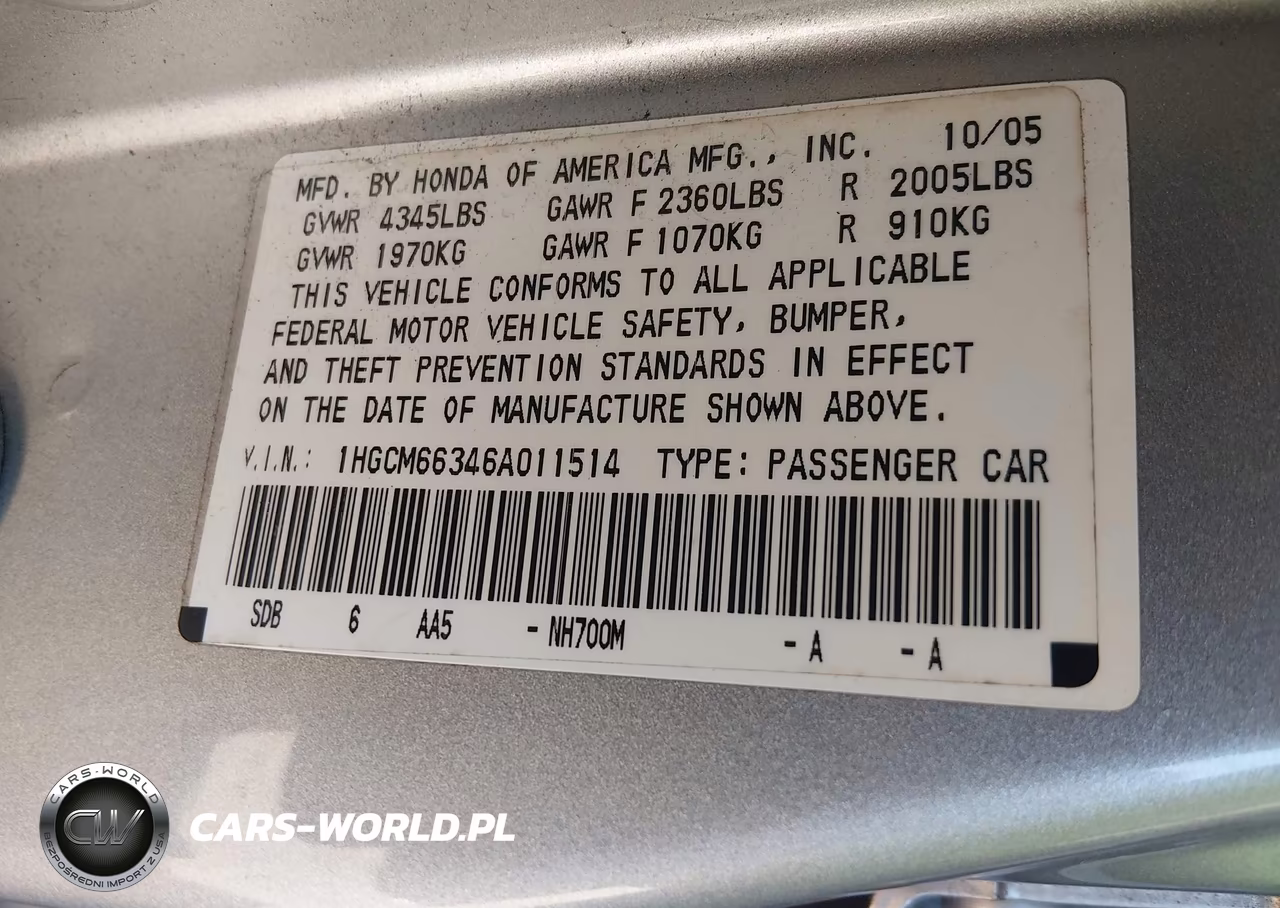 2006 Honda Accord 3.0 Lx VIN:1HGCM66346A011514 - 9
