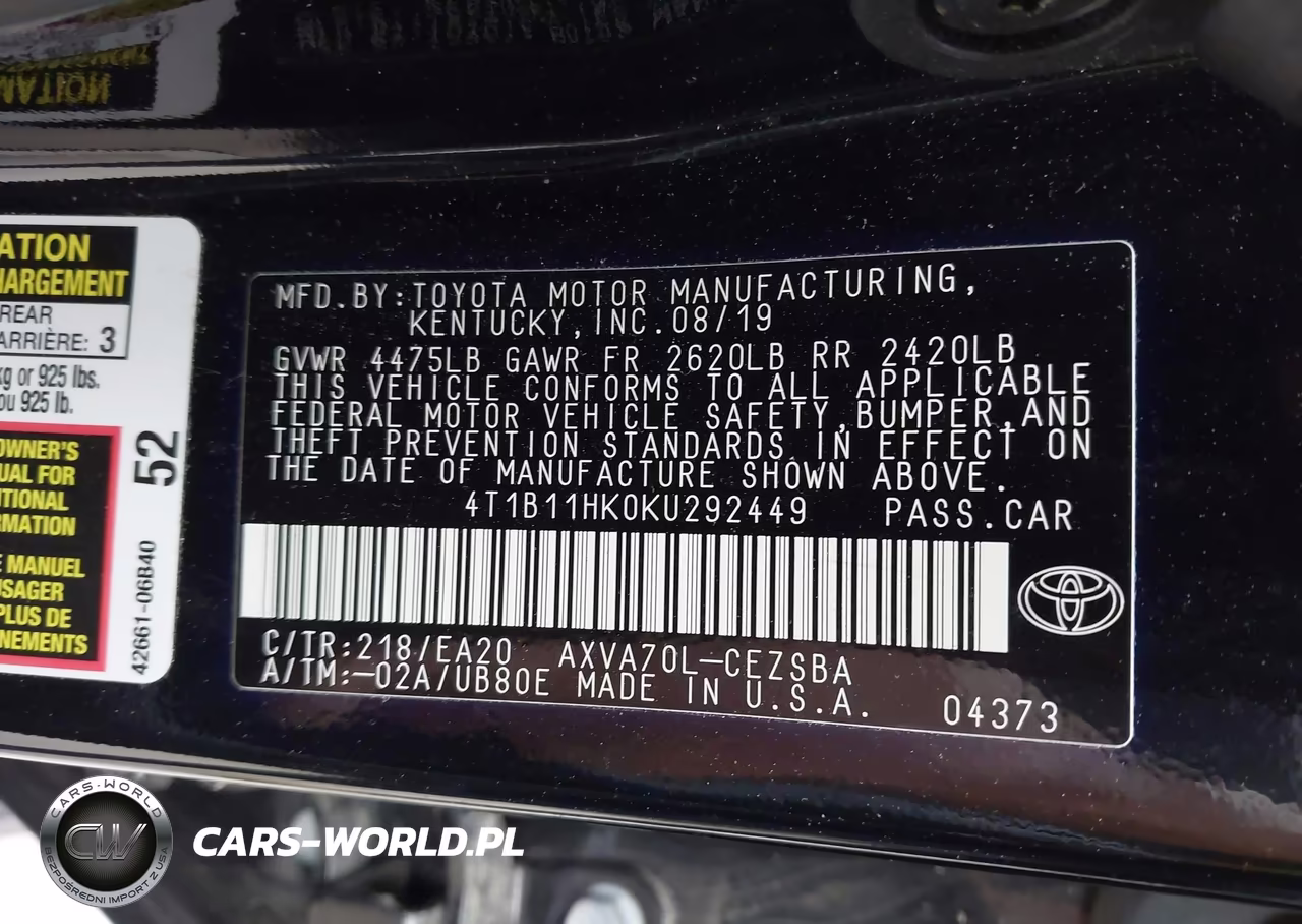2019 Toyota Camry Se VIN:4T1B11HK0KU292449 - 9