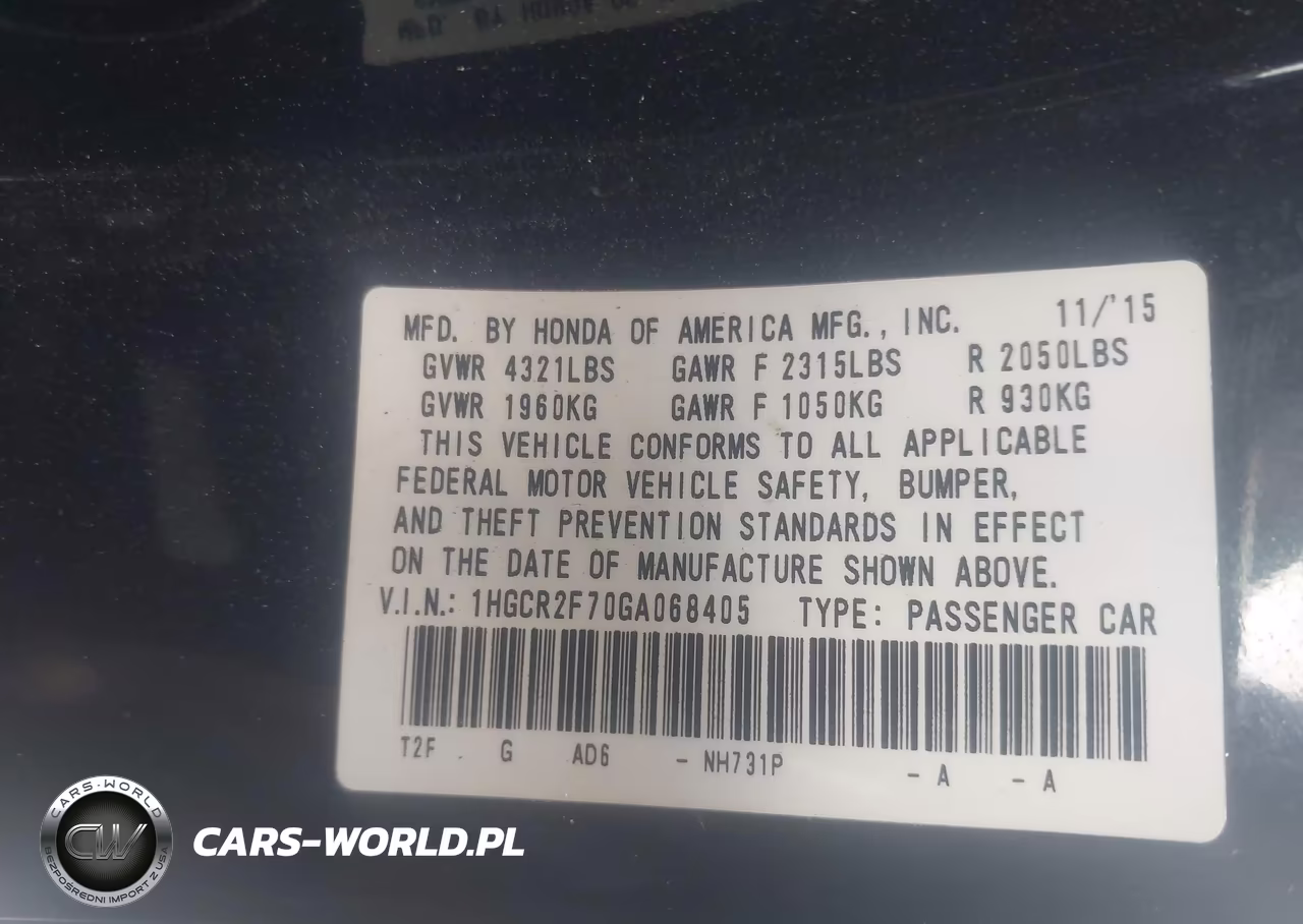 2016 Honda Accord Ex VIN:1HGCR2F70GA068405 - 9