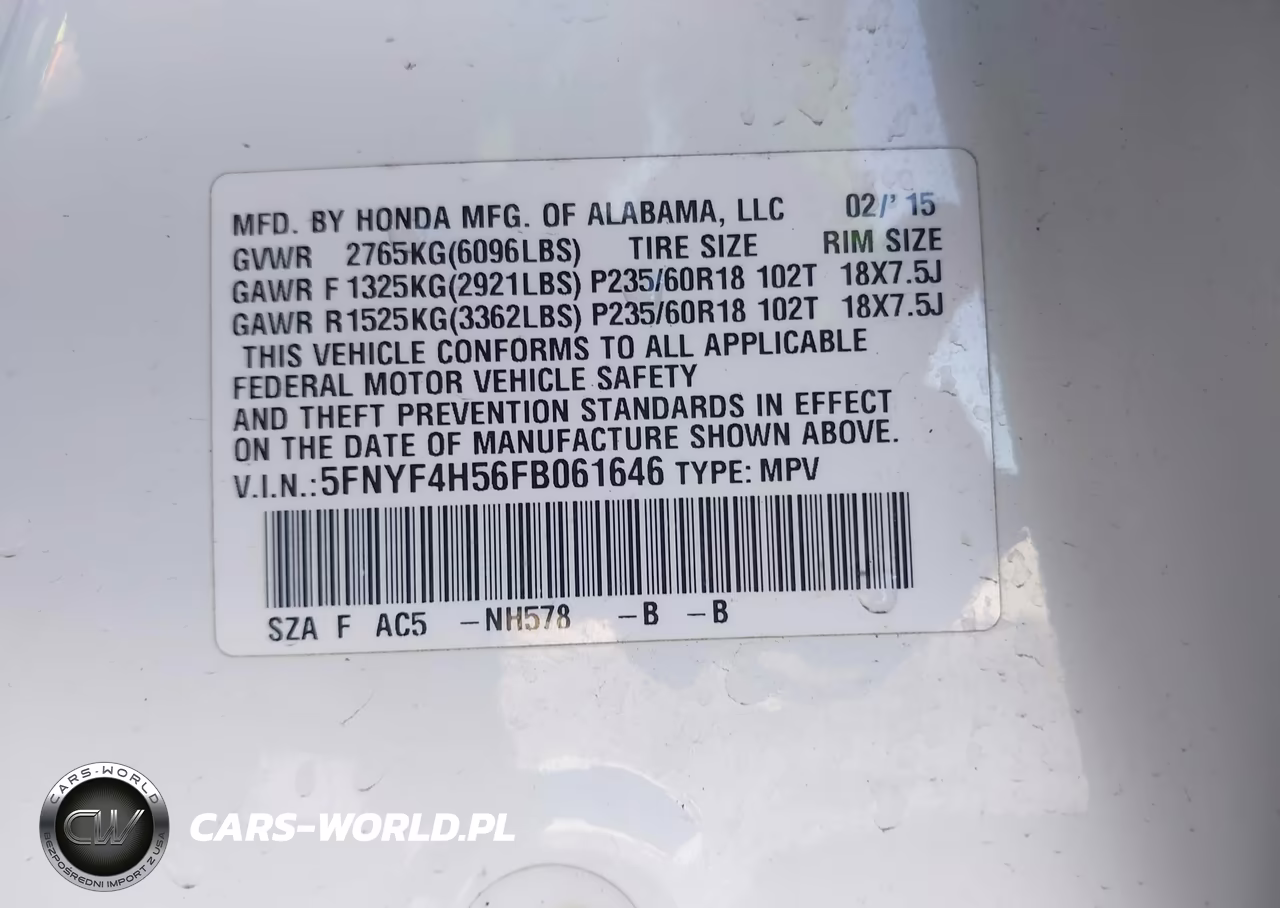 2015 Honda Pilot Ex-L VIN:5FNYF4H56FB061646 - 9