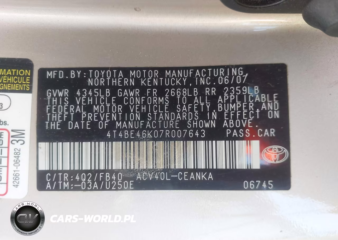 2007 Toyota Camry Le VIN:4T4BE46K07R007643 - 9