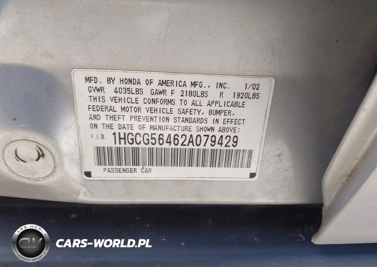 2002 Honda Accord VIN:1HGCG56462A079429 - 9