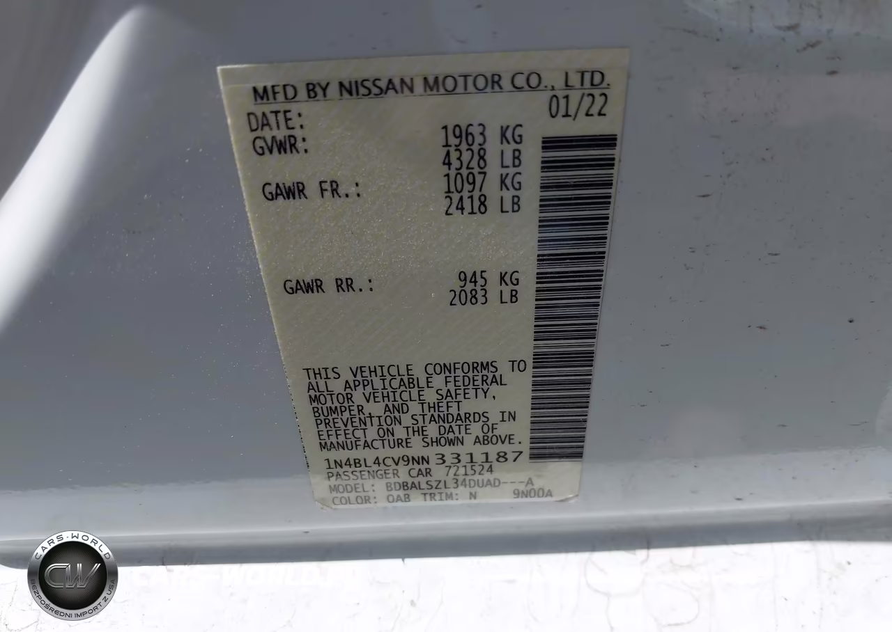 2022 Nissan Altima Sr Fwd VIN:1N4BL4CV9NN331187 - 9