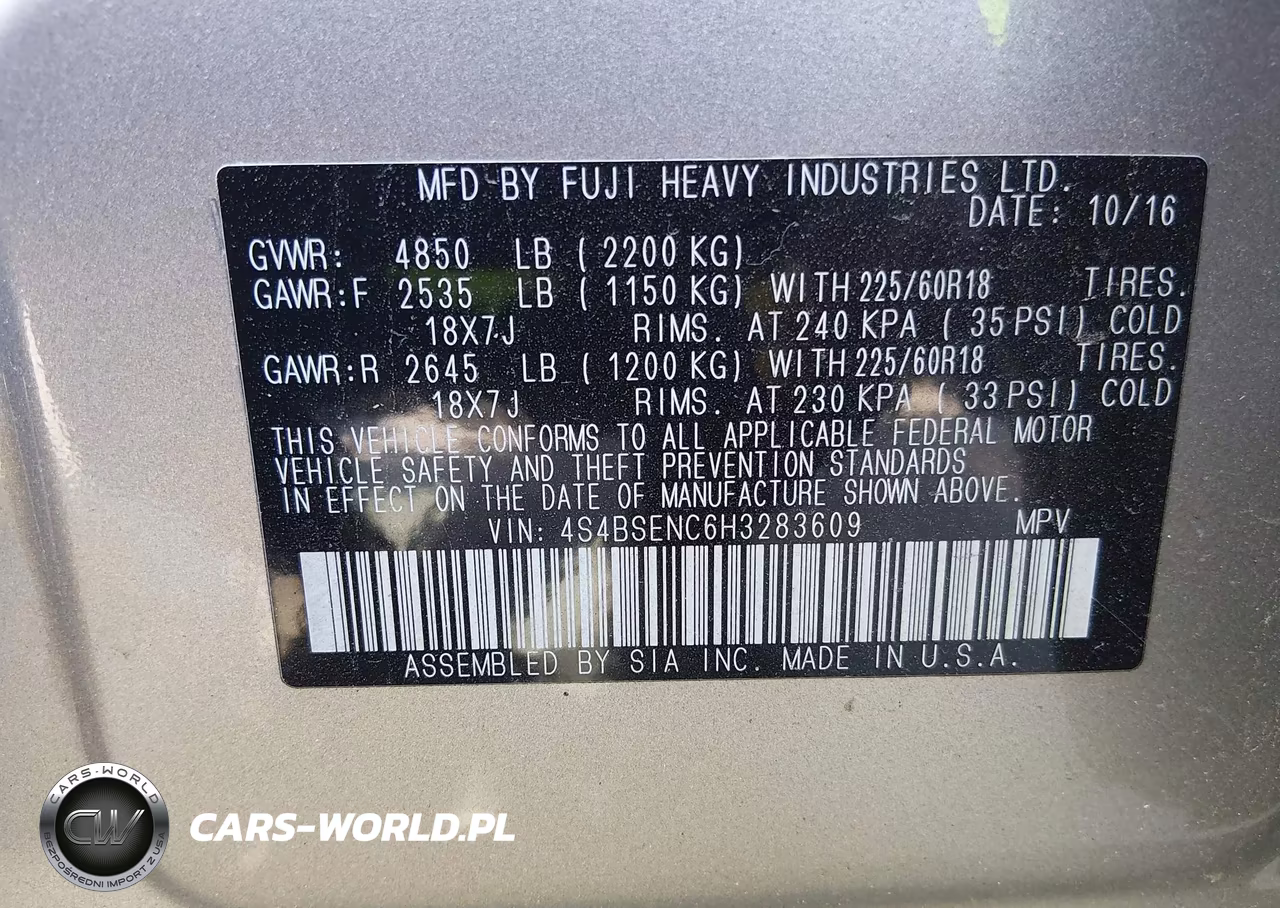 2017 Subaru Outback 3.6R Limited VIN:4S4BSENC6H3283609 - 9