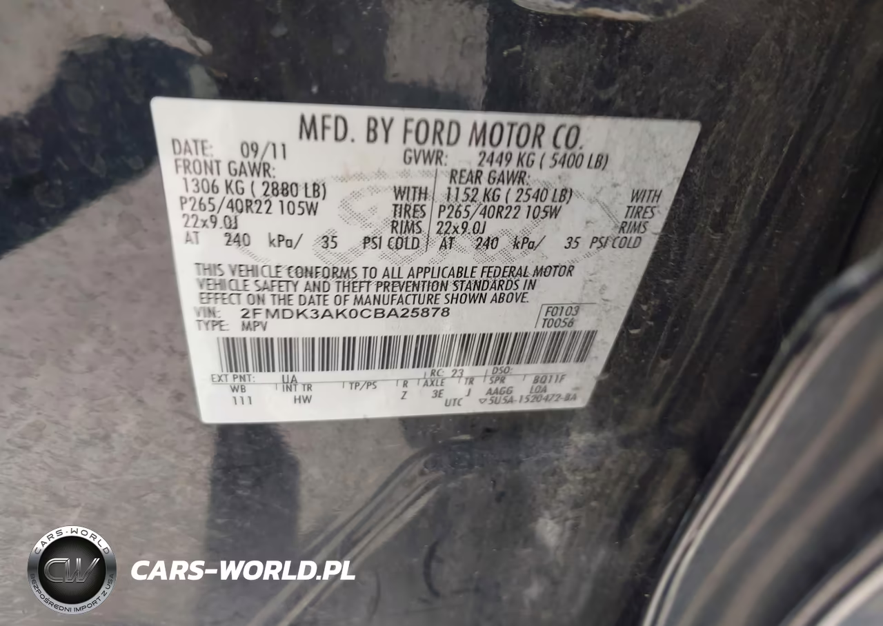 2012 Ford Edge Sport VIN:2FMDK3AK0CBA25878 - 9