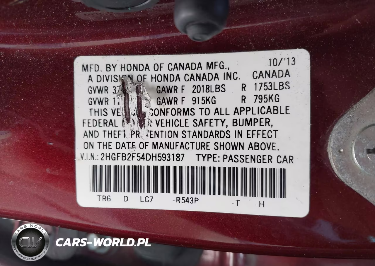 2013 Honda Civic Lx VIN:2HGFB2F54DH593187 - 9