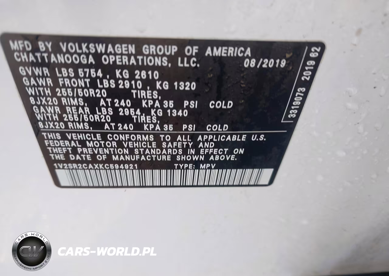 2019 Volkswagen Atlas 3.6L V6 Sel R-Line VIN:1V2SR2CAXKC594921 - 9