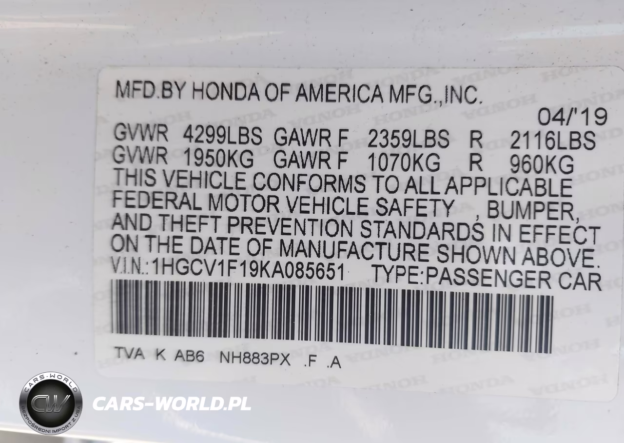 2019 Honda Accord Lx VIN:1HGCV1F19KA085651 - 9