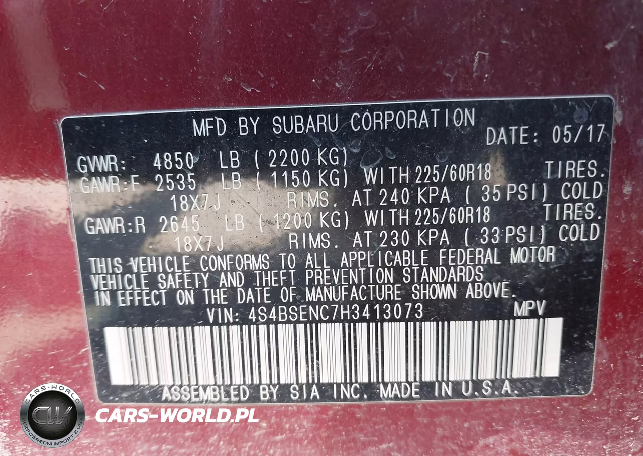 2017 Subaru Outback 3.6R Limited VIN:4S4BSENC7H3413073 - 9