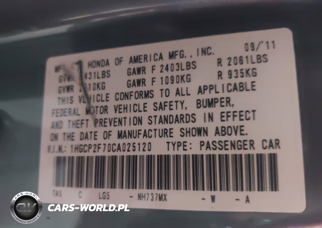 2012 Honda Accord 2.4 Ex VIN:1HGCP2F70CA025120 - 9