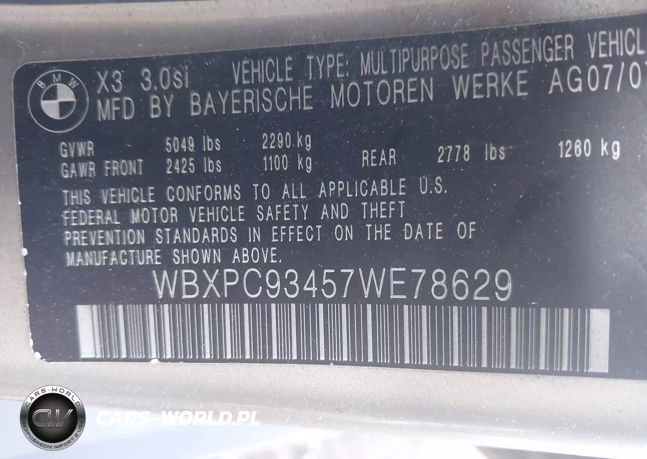 2007 BMW X3 3.0Si VIN:WBXPC93457WE78629 - 9
