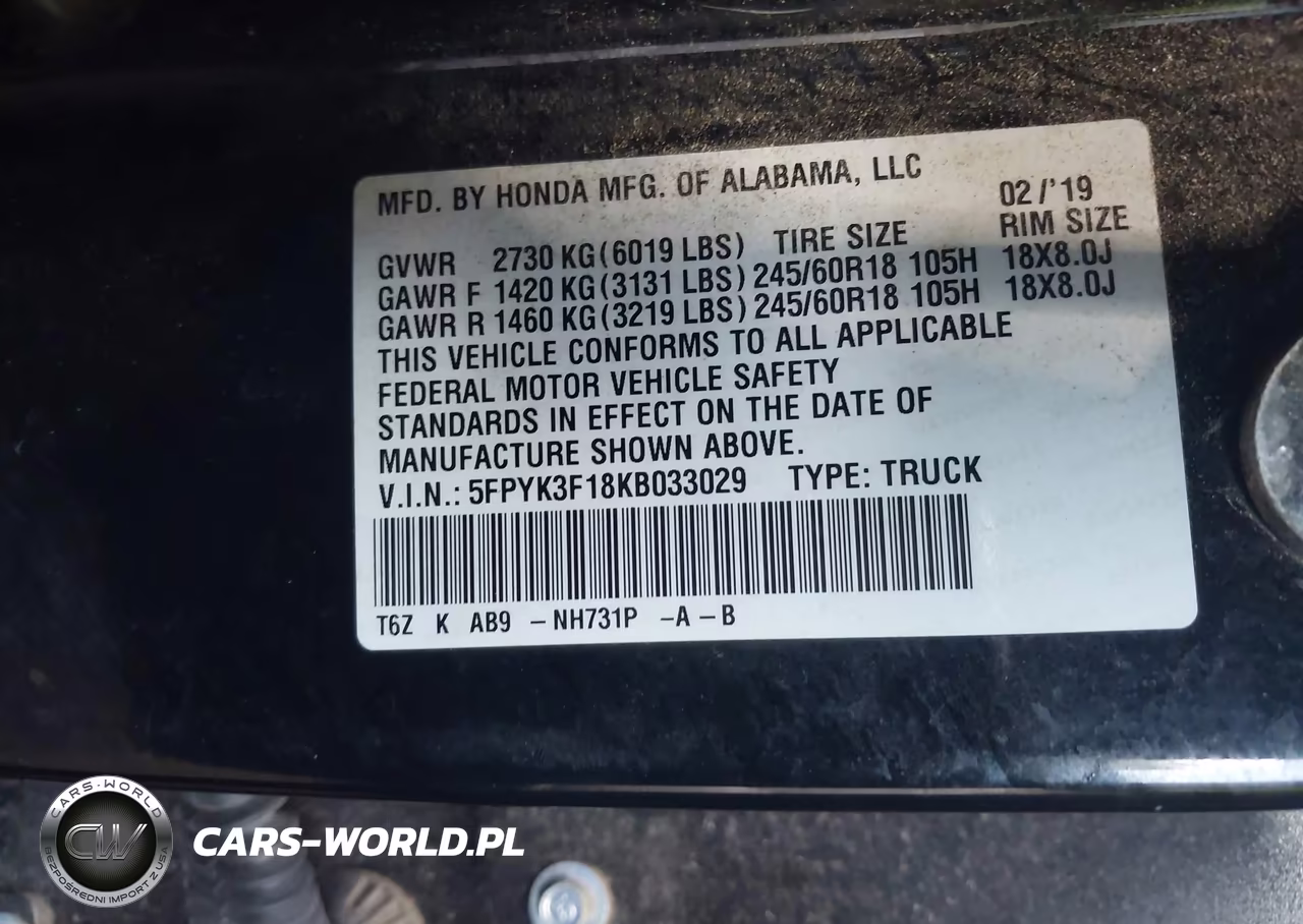 2019 Honda Ridgeline Sport VIN:5FPYK3F18KB033029 - 9