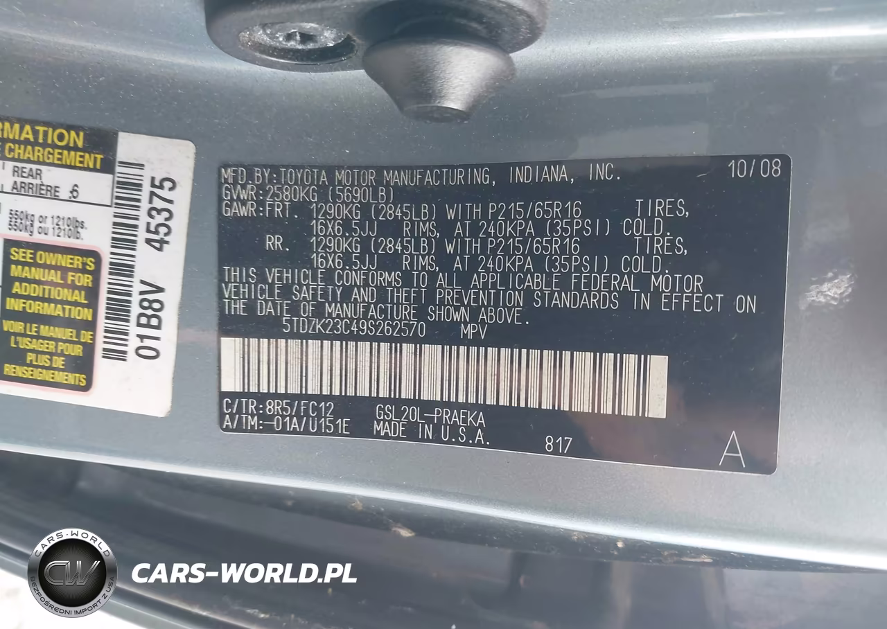 2009 Toyota Sienna Le VIN:5TDZK23C49S262570 - 9