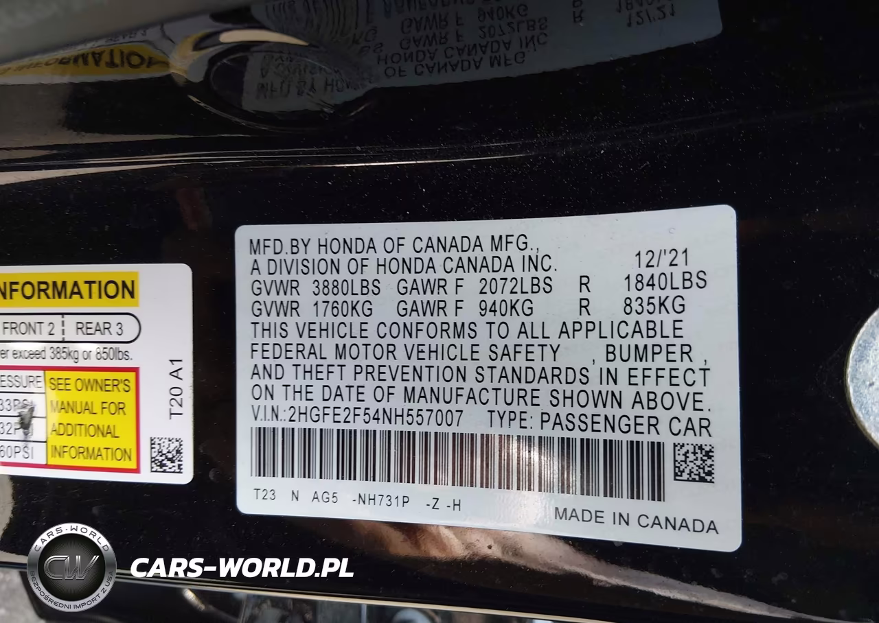 2022 Honda Civic Sport VIN:2HGFE2F54NH557007 - 9