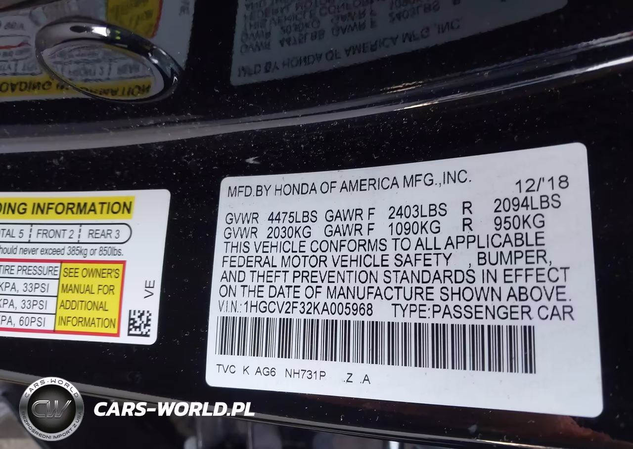 2019 Honda Accord Sport 2.0T VIN:1HGCV2F32KA005968 - 9