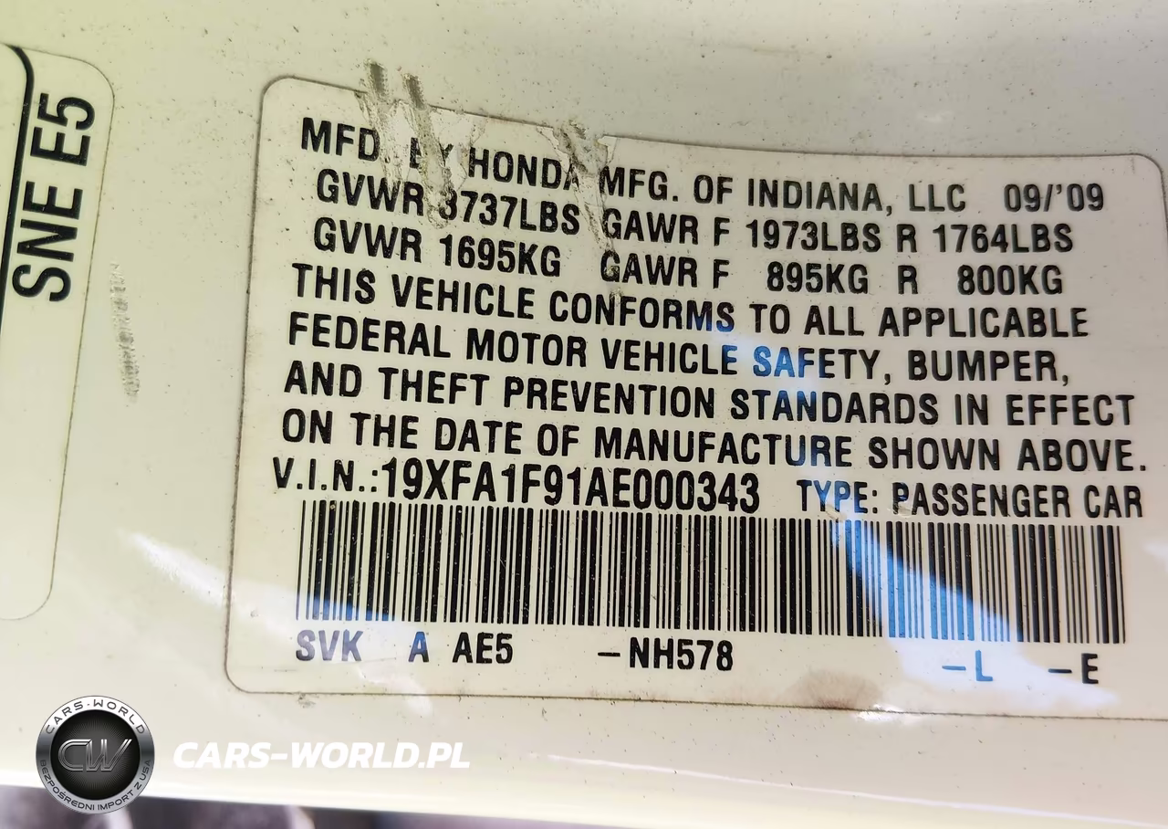 2010 Honda Civic Ex-L VIN:19XFA1F91AE000343 - 9