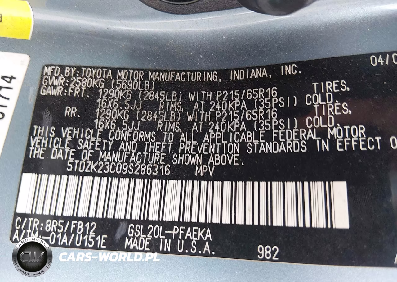 2009 Toyota Sienna Ce VIN:5TDZK23C09S286316 - 9