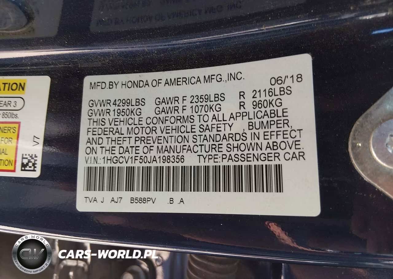 2018 Honda Accord Ex-L VIN:1HGCV1F50JA198356 - 9