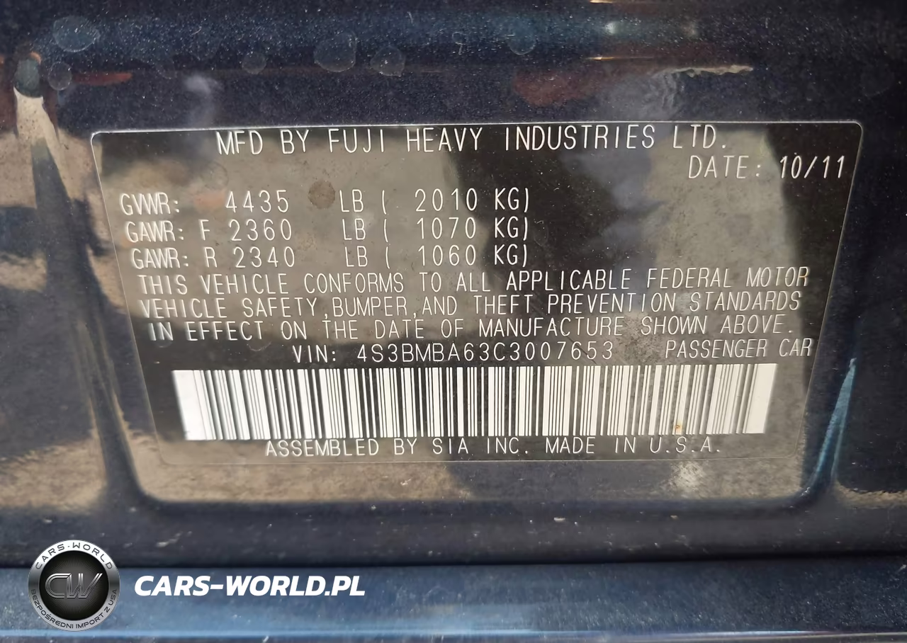 2012 Subaru Legacy 2.5I VIN:4S3BMBA63C3007653 - 9