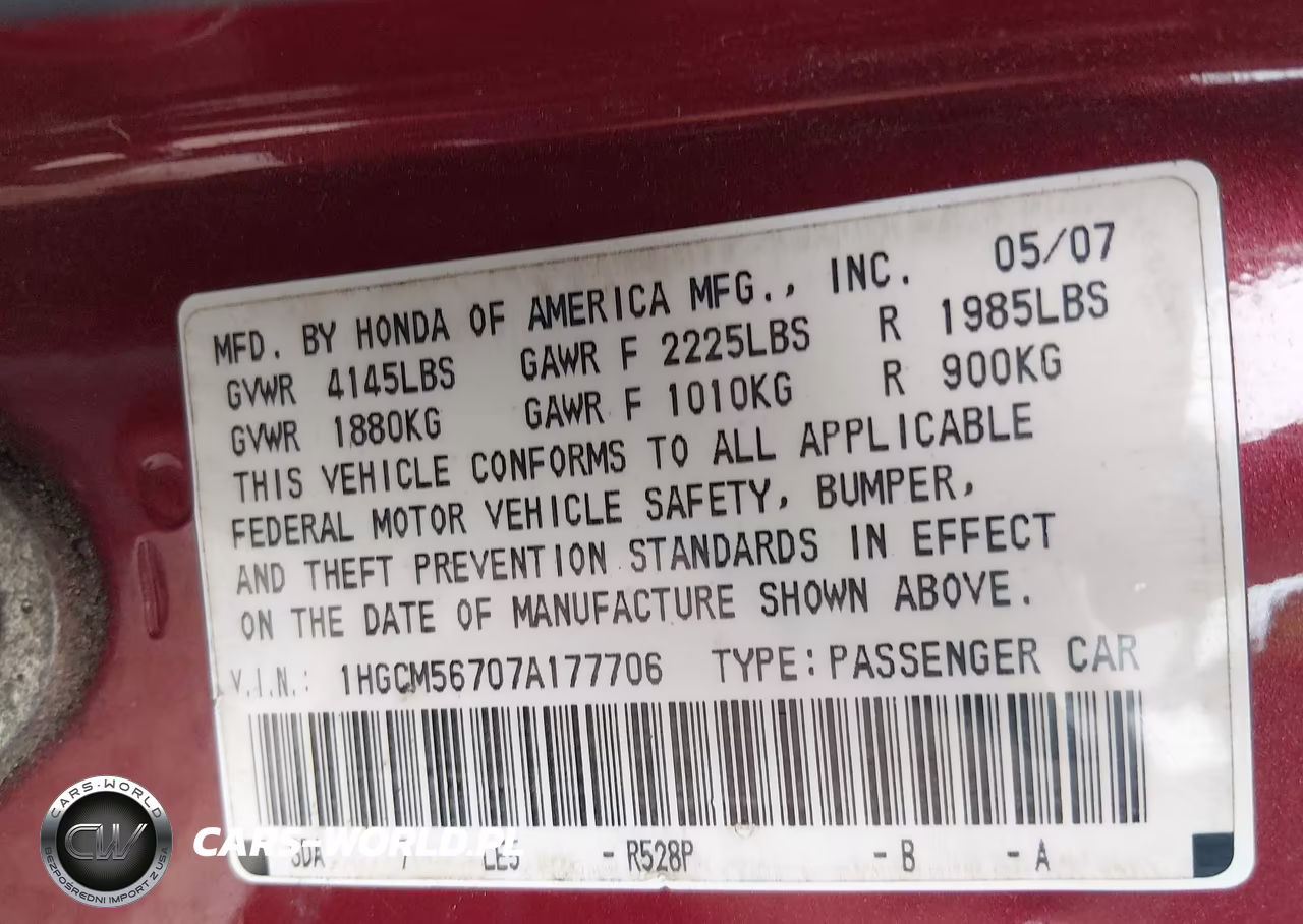 2007 Honda Accord 2.4 Ex VIN:1HGCM56707A177706 - 9