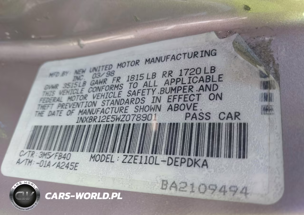 1998 Toyota Corolla Ce VIN:1NXBR12E5WZ078901 - 9