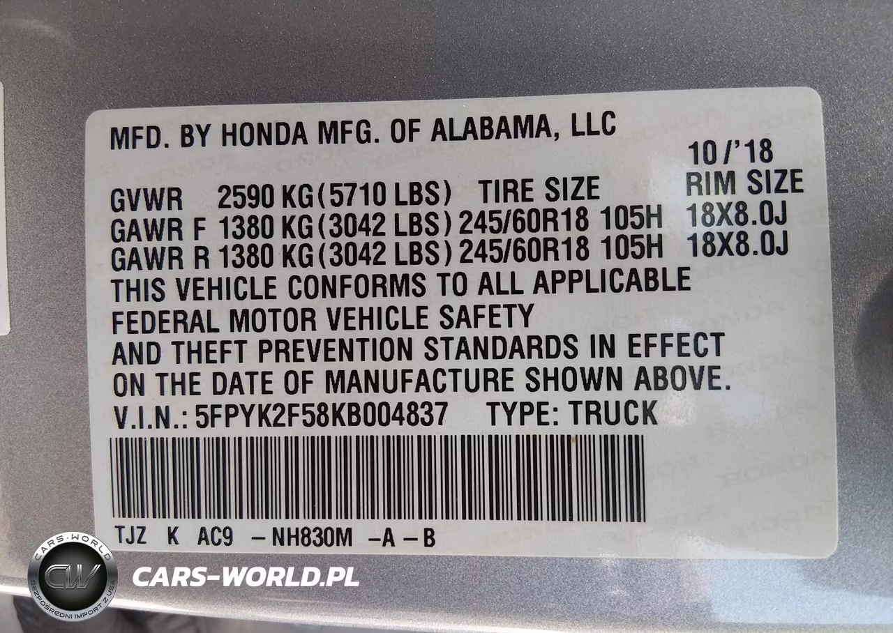 2019 Honda Ridgeline Rtl VIN:5FPYK2F58KB004837 - 9