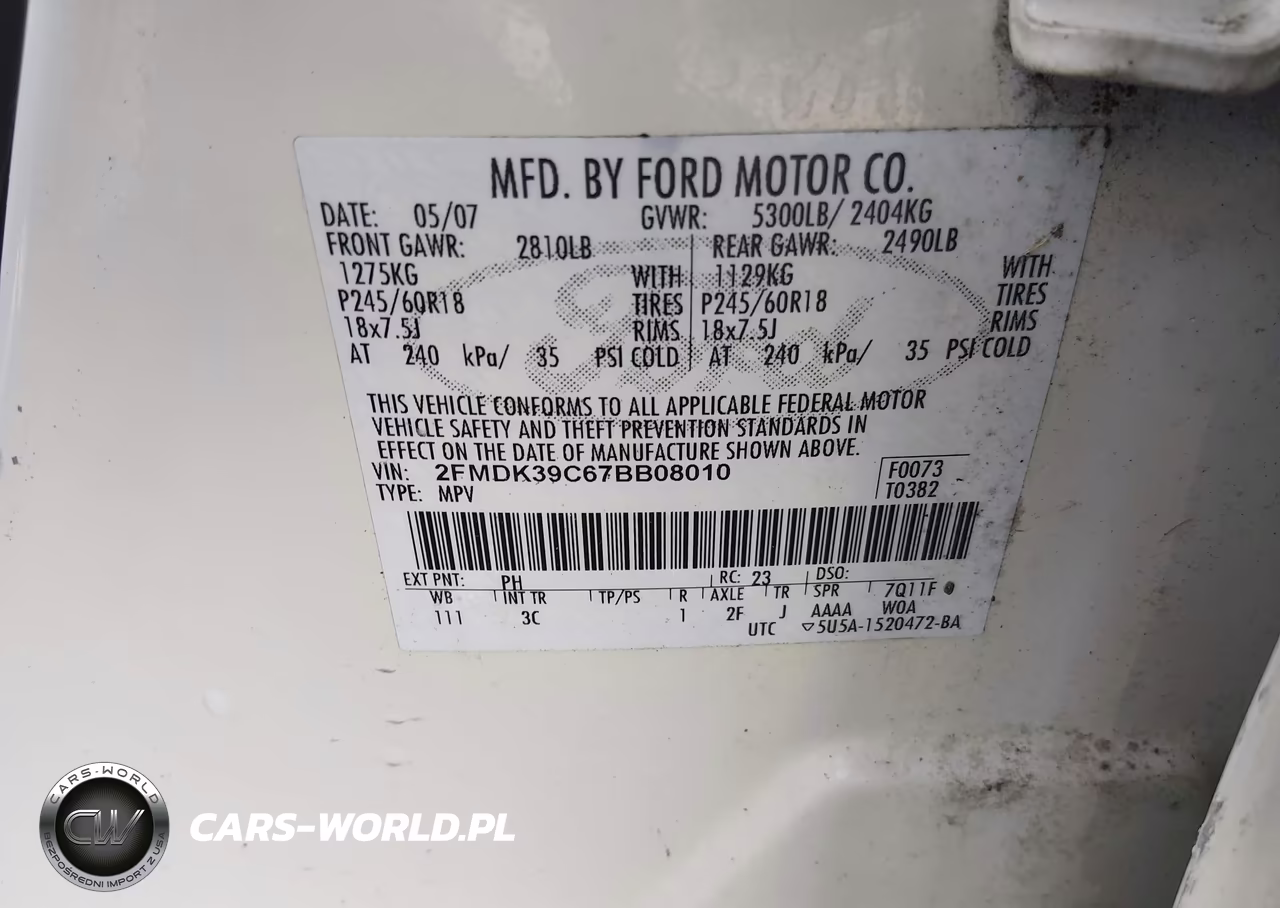 2007 Ford Edge Sel Plus VIN:2FMDK39C67BB08010 - 9