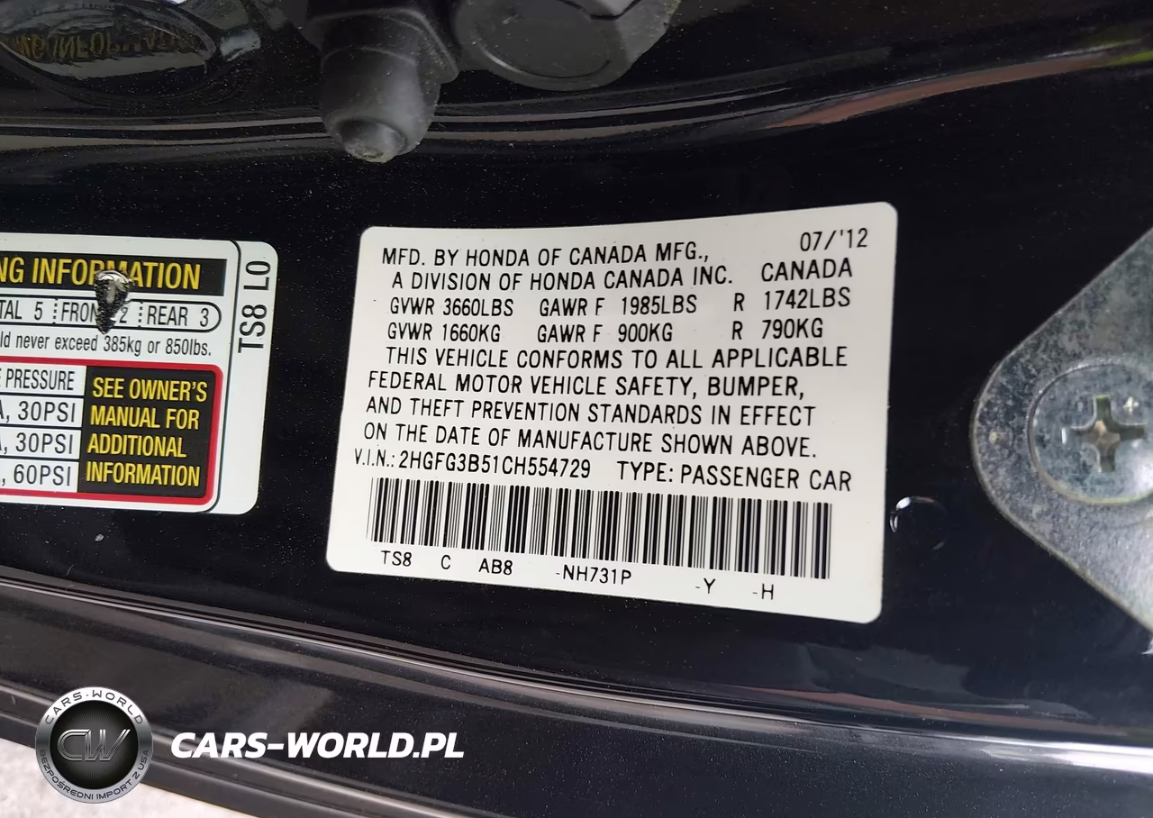 2012 Honda Civic Lx VIN:2HGFG3B51CH554729 - 9