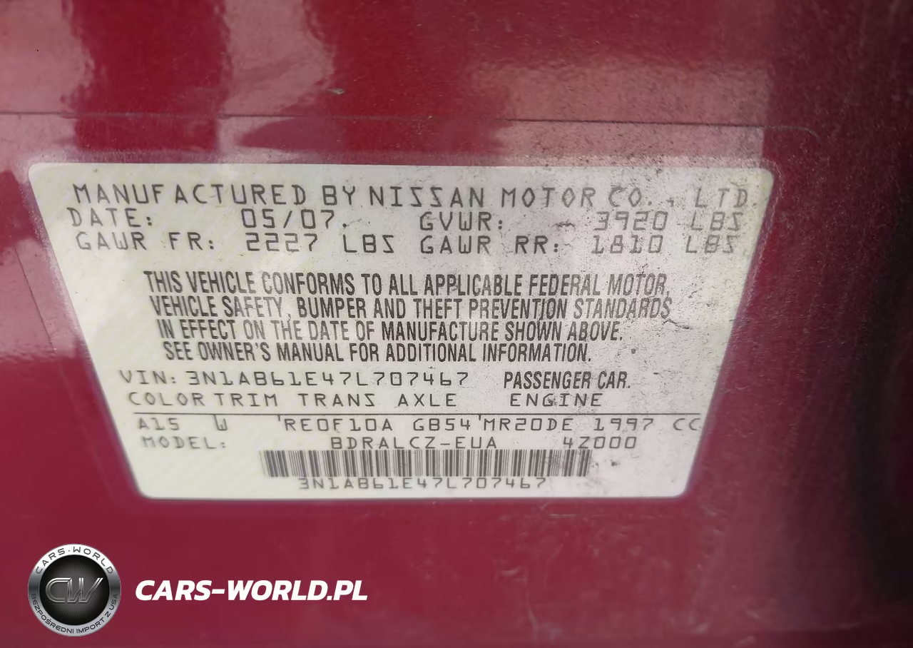 2007 Nissan Sentra 2.0 VIN:3N1AB61E47L707467 - 9