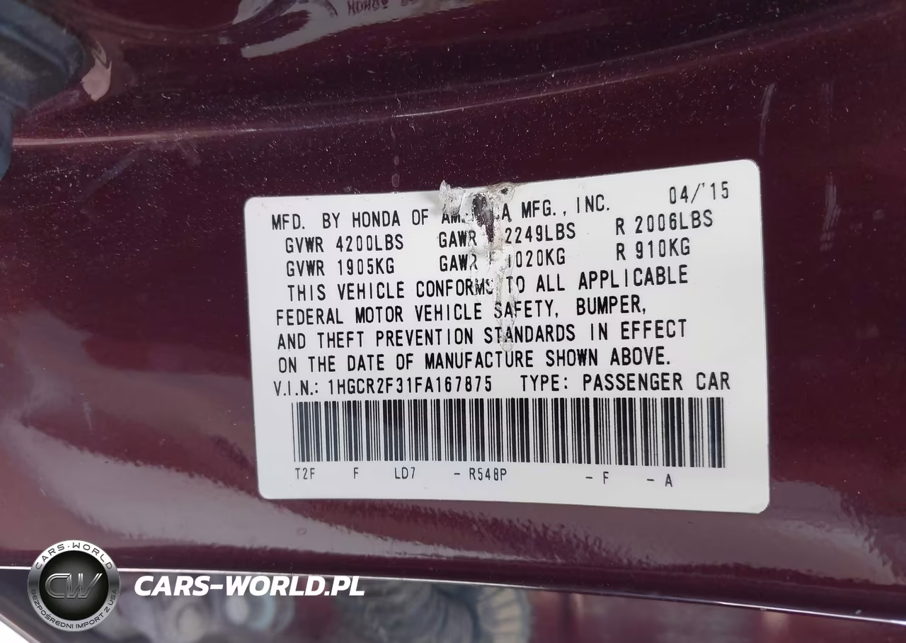 2015 Honda Accord Lx VIN:1HGCR2F31FA167875 - 9