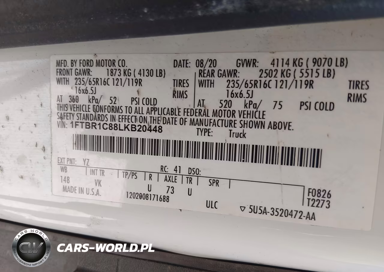 2020 Ford Transit-250 VIN:1FTBR1C88LKB20448 - 9