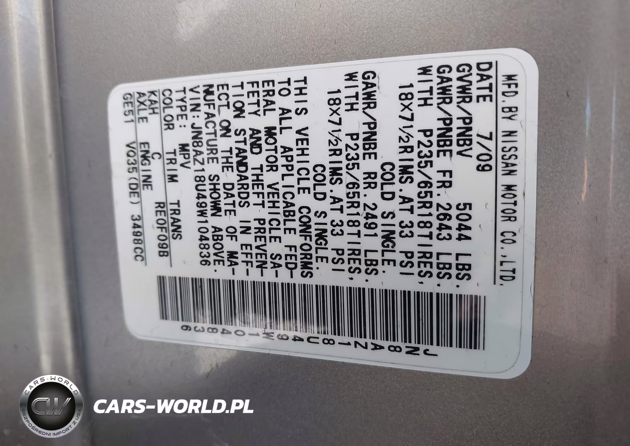 2009 Nissan Murano Sl VIN:JN8AZ18U49W104836 - 9