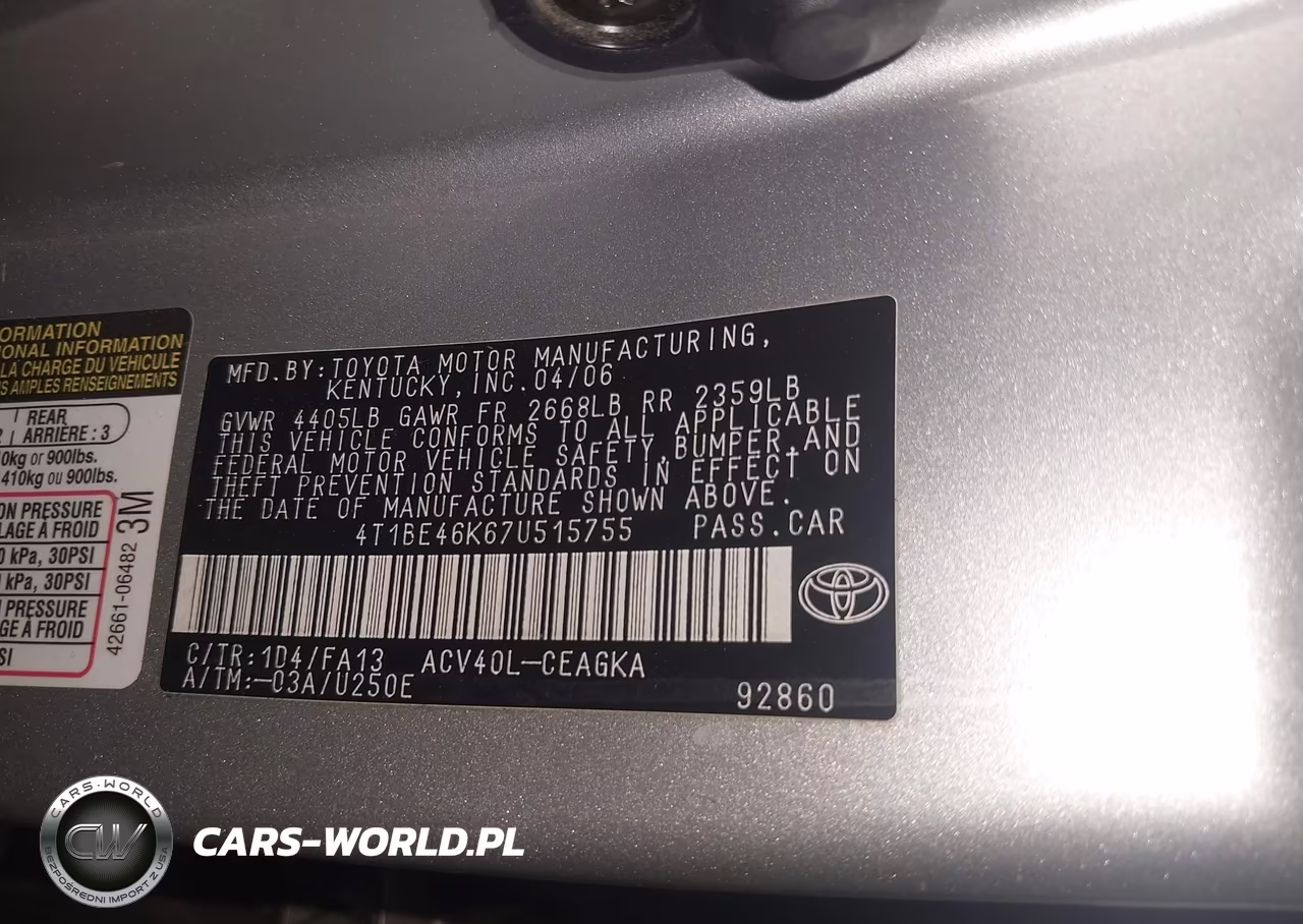 2007 Toyota Camry Xle VIN:4T1BE46K67U515755 - 9