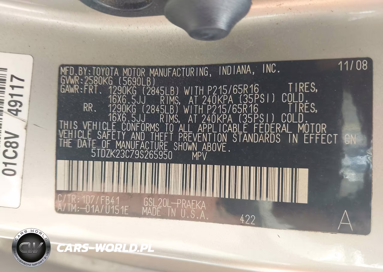 2009 Toyota Sienna Le VIN:5TDZK23C79S265950 - 9