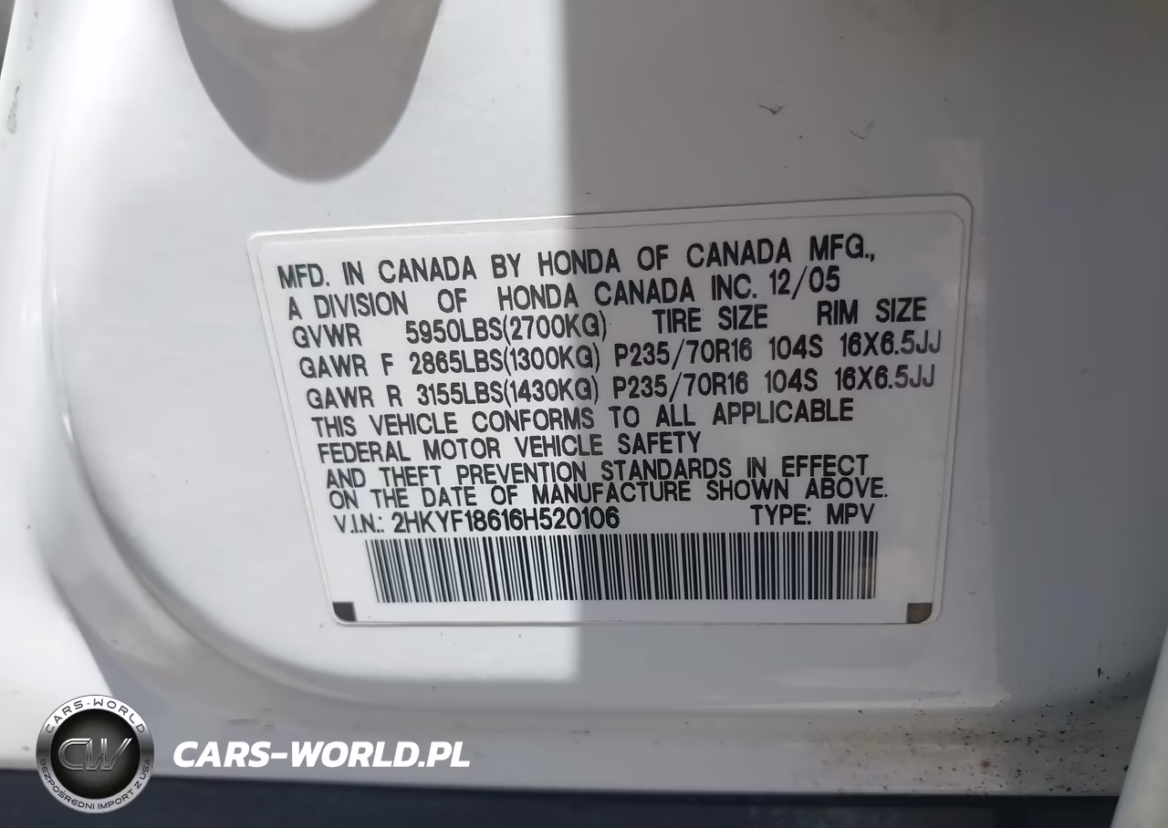 2006 Honda Pilot Ex-L VIN:2HKYF18616H520106 - 9