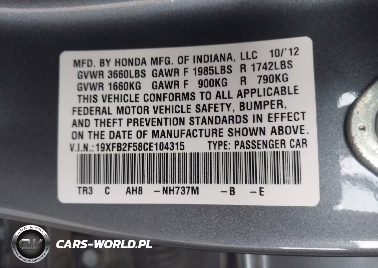 2012 Honda Civic Lx VIN:19XFB2F58CE104315 - 9