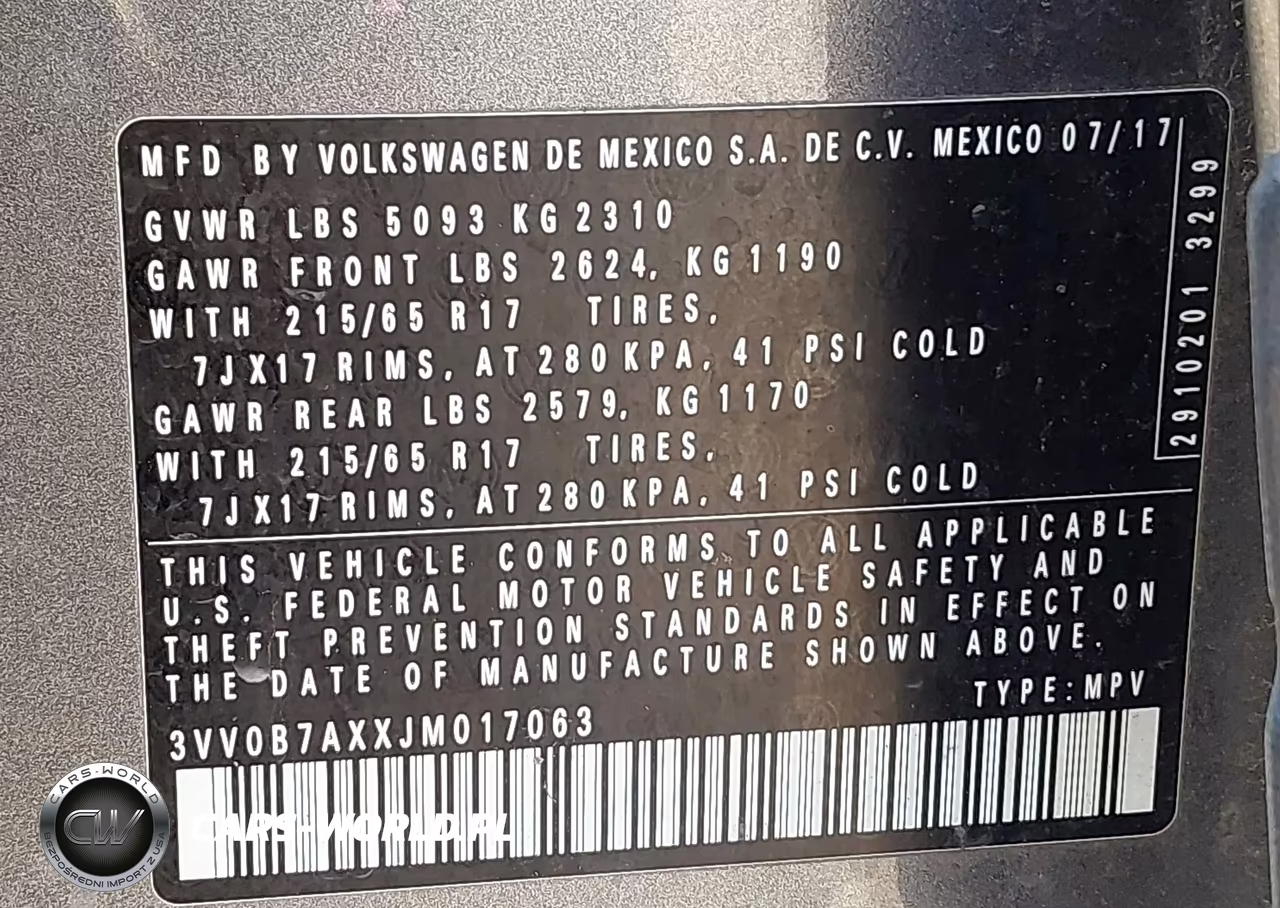 2018 Volkswagen Tiguan 2.0T S VIN:3VV0B7AXXJM017063 - 9