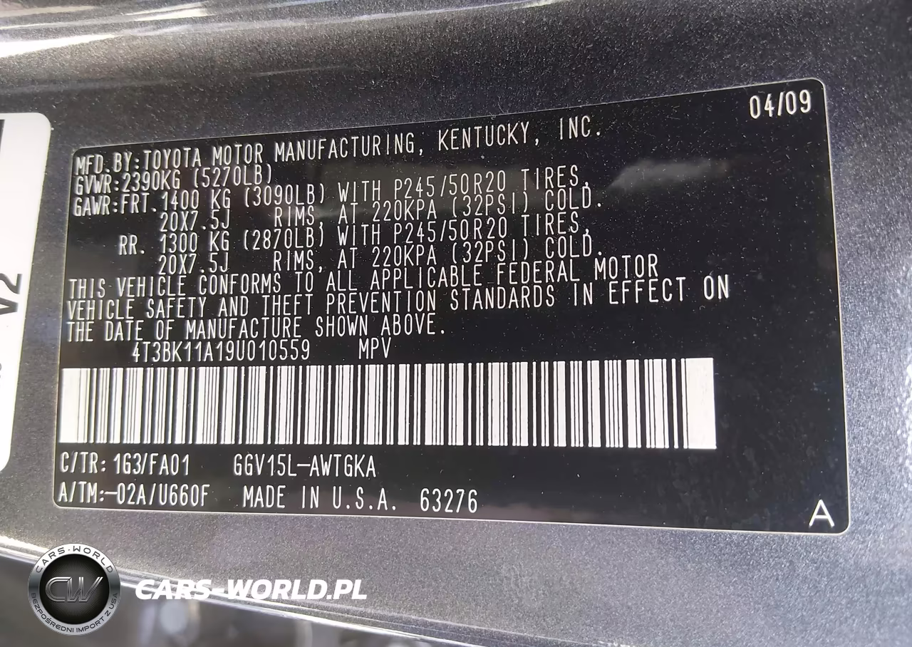 2009 Toyota Venza Base V6 VIN:4T3BK11A19U010559 - 9