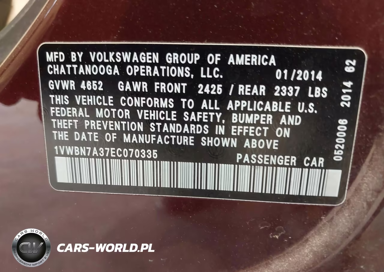 2014 Volkswagen Passat 2.0L Tdi Se VIN:1VWBN7A37EC070335 - 9