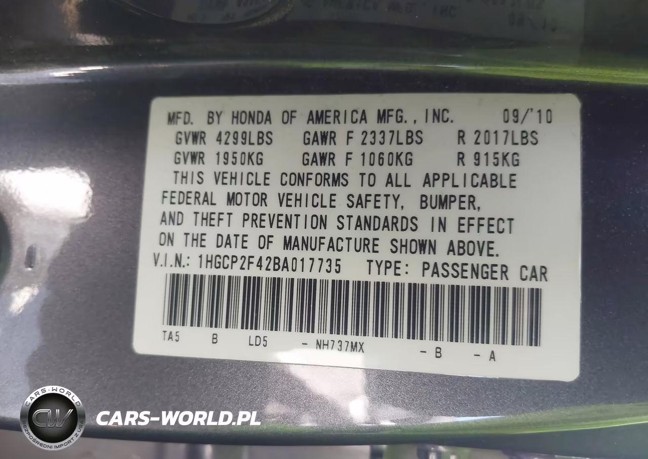 2011 Honda Accord 2.4 Lx-P VIN:1HGCP2F42BA017735 - 9