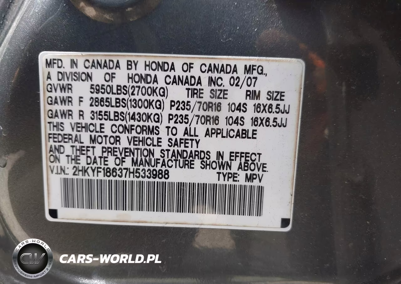 2007 Honda Pilot Ex-L VIN:2HKYF18637H533988 - 9