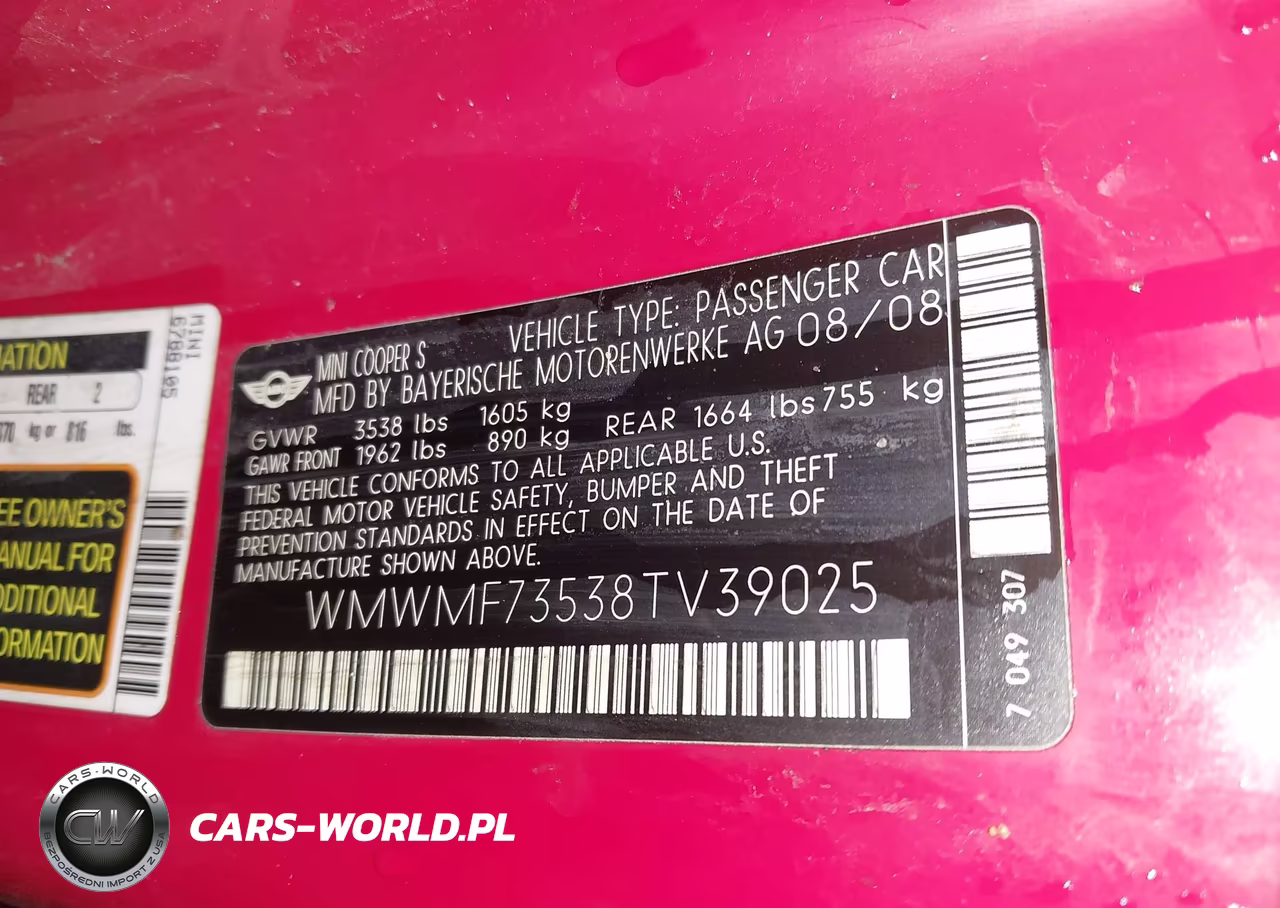 2008 Mini Cooper S VIN:WMWMF73538TV39025 - 9