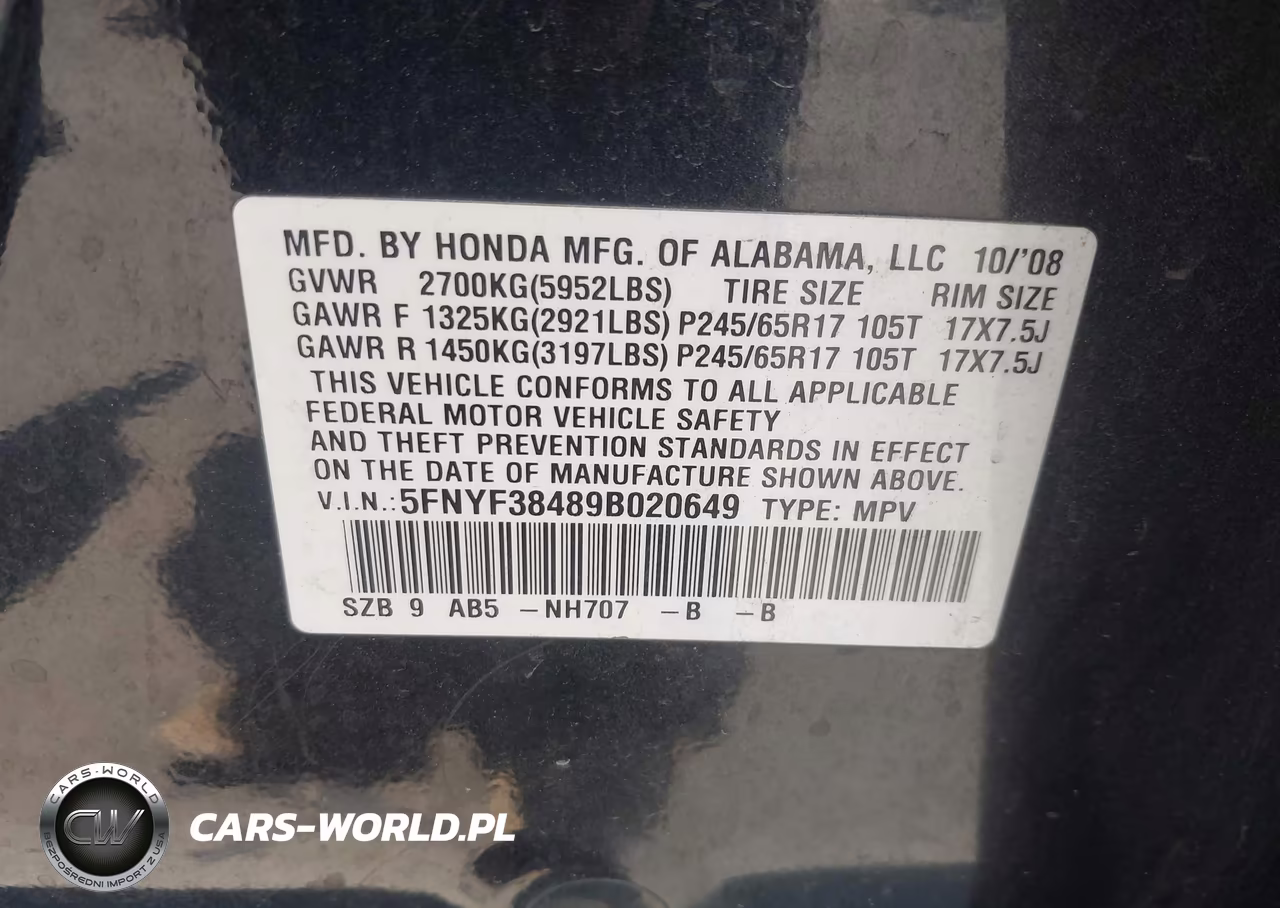2009 Honda Pilot Ex VIN:5FNYF38489B020649 - 9
