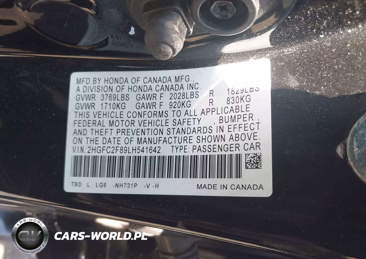 2020 Honda Civic Sport VIN:2HGFC2F89LH541642 - 9